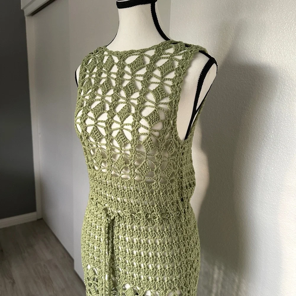 Lulu's Endless Waves Sage Green Crochet Fringe Midi Swim Cover-Up - Picture 5 of 11